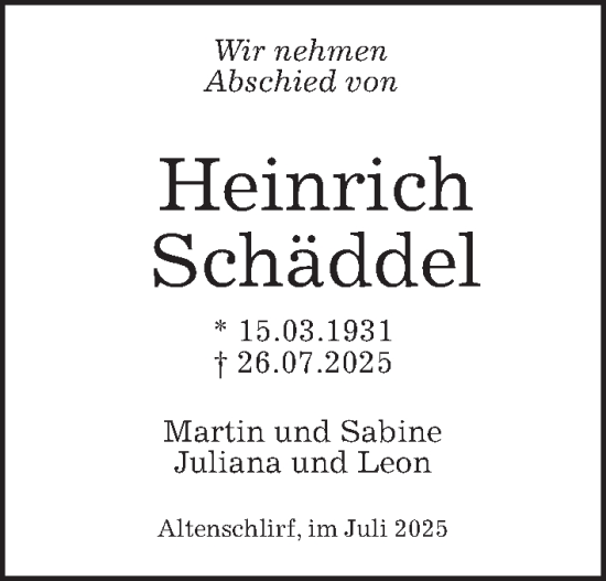 Traueranzeige von Heinrich Schäddel von Lauterbacher Anzeiger