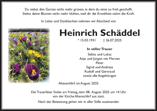 Traueranzeige von Heinrich Schäddel von Lauterbacher Anzeiger