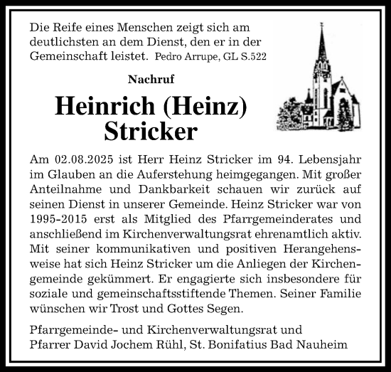 Traueranzeige von Heinrich Heinz Stricker von Wetterauer Zeitung