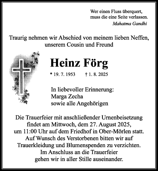 Traueranzeige von Heinz Förg von Wetterauer Zeitung
