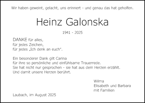 Traueranzeige von Heinz Galonska von Giessener Allgemeine, Alsfelder Allgemeine, Laubacher Anzeiger
