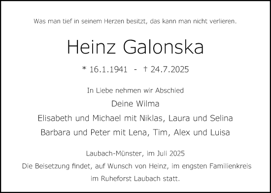 Traueranzeige von Heinz Galonska von Giessener Allgemeine, Alsfelder Allgemeine