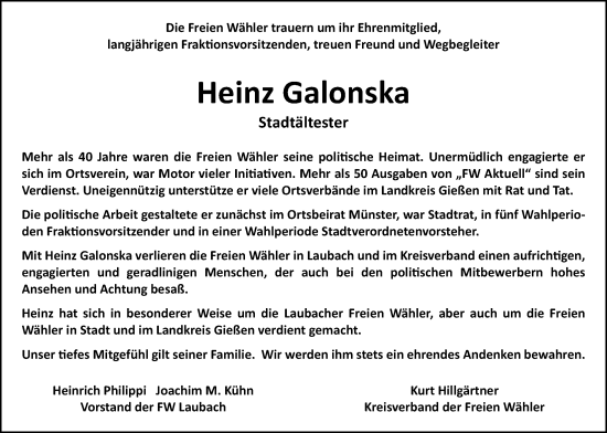 Traueranzeige von Heinz Galonska von Laubacher Anzeiger