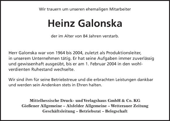Traueranzeige von Heinz Galonska von Giessener Allgemeine, Alsfelder Allgemeine