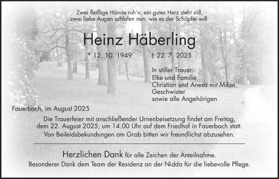 Traueranzeige von Heinz Häberling von Kreis-Anzeiger