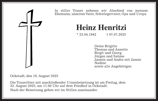 Traueranzeige von Heinz Henritzi von Wetterauer Zeitung