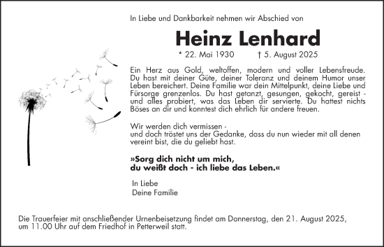 Traueranzeige von Heinz Lenhard von Wetterauer Zeitung