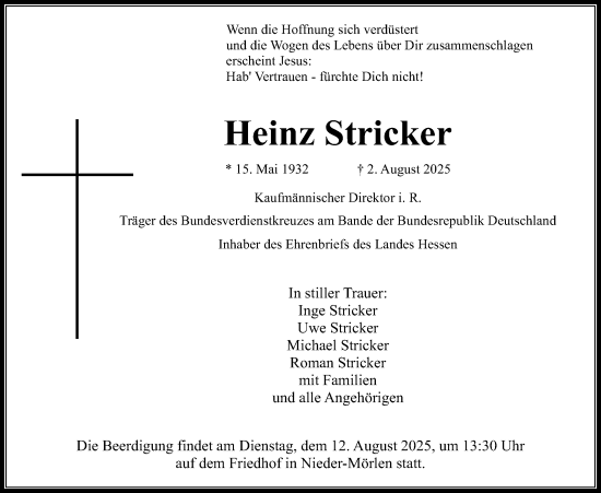 Traueranzeige von Heinz Stricker von Wetterauer Zeitung