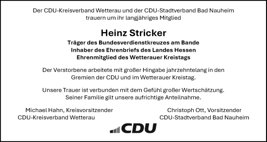 Traueranzeige von Heinz Stricker von Wetterauer Zeitung
