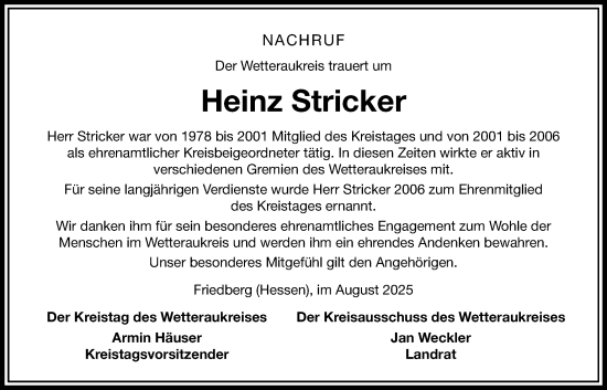 Traueranzeige von Heinz Stricker von Kreis-Anzeiger, Wetterauer Zeitung