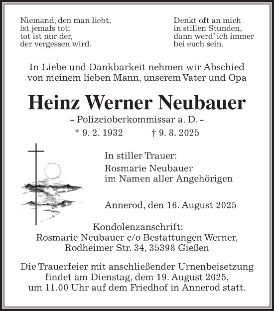 Traueranzeige von Heinz Werner Neubauer von Giessener Anzeiger, Giessener Allgemeine, Alsfelder Allgemeine