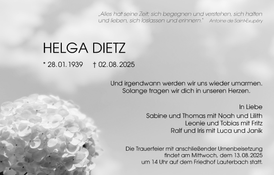 Traueranzeige von Helga Dietz von Lauterbacher Anzeiger