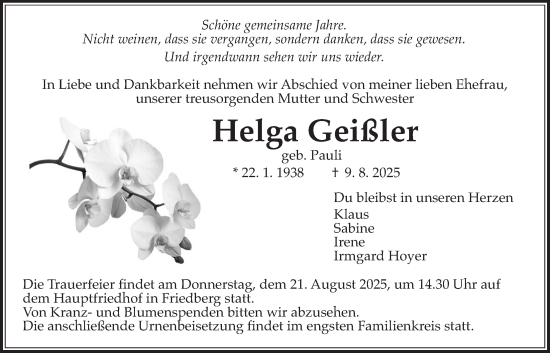 Traueranzeige von Helga Geißler von Wetterauer Zeitung