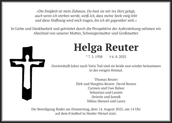 Traueranzeige von Helga Reuter von Butzbacher Zeitung