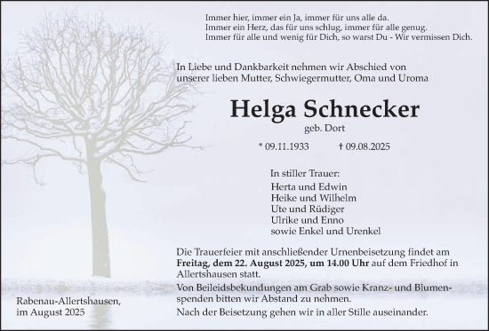 Traueranzeige von Helga Schnecker von Rabenauer Zeitung, Allendorfer Mitteilungen