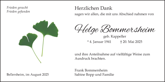 Traueranzeige von Helge Bommersheim von Licher Wochenblatt