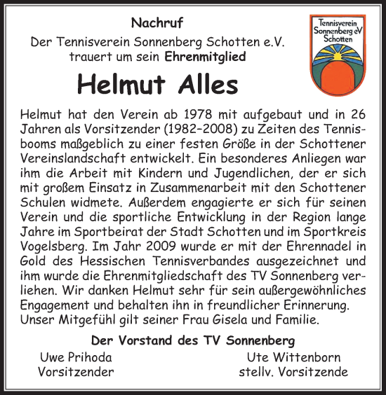 Traueranzeige von Helmut Alles von Kreis-Anzeiger