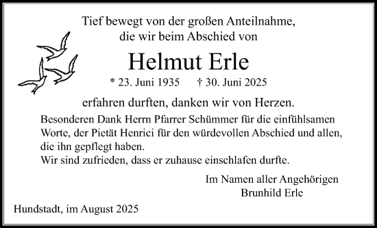 Traueranzeige von Helmut Erle von Usinger Anzeigenblatt