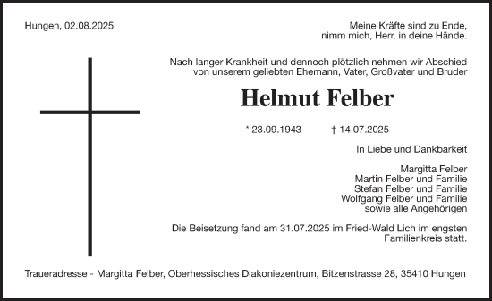 Traueranzeige von Helmut Felber von Giessener Allgemeine, Alsfelder Allgemeine