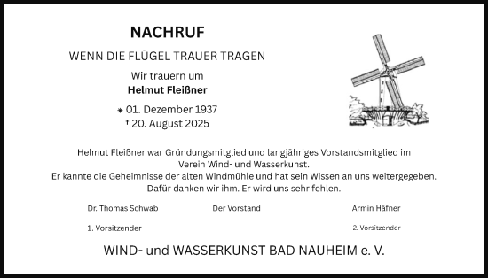 Traueranzeige von Helmut Fleißner von Wetterauer Zeitung