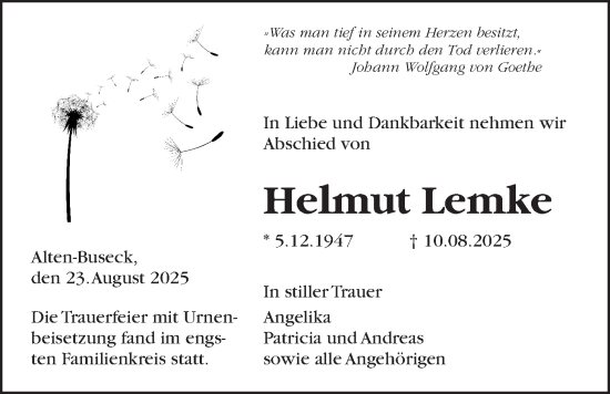 Traueranzeige von Helmut Lemke von Giessener Anzeiger, Giessener Allgemeine, Alsfelder Allgemeine