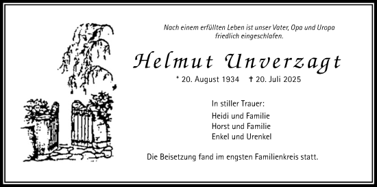 Traueranzeige von Helmut Unverzagt von Wetterauer Zeitung