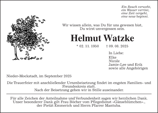 Traueranzeige von Helmut Watzke von Kreis-Anzeiger