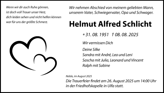 Traueranzeige von Helmut Alfred Schlicht von Kreis-Anzeiger