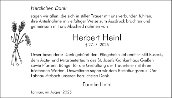 Traueranzeige von Herbert Heinl von Giessener Allgemeine, Alsfelder Allgemeine, Giessener Anzeiger