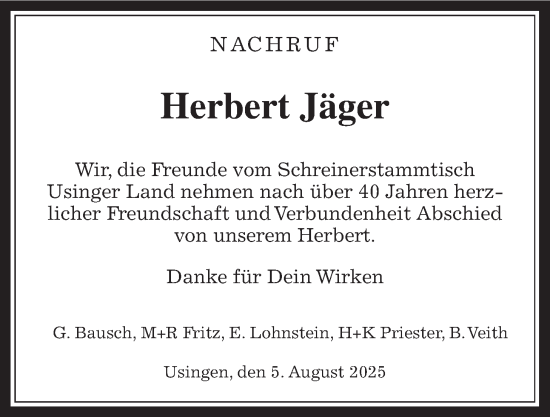 Traueranzeige von Herbert Jäger von Usinger Anzeiger