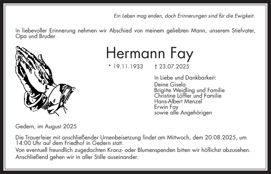 Traueranzeige von Hermann Fay von Kreis-Anzeiger