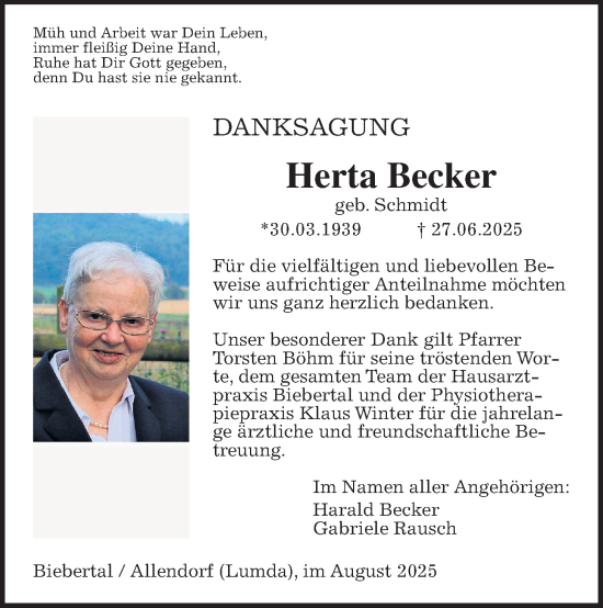 Traueranzeige von Herta Becker von Giessener Anzeiger, Giessener Allgemeine, Alsfelder Allgemeine