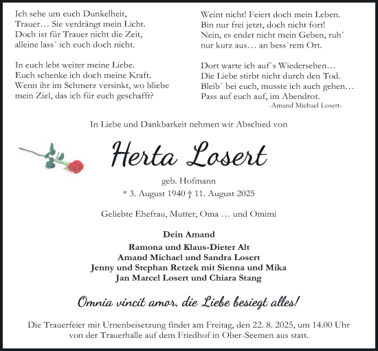 Traueranzeige von Herta Losert von Kreis-Anzeiger