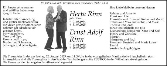 Traueranzeige von Herta  Rinn von Giessener Anzeiger, Giessener Allgemeine, Alsfelder Allgemeine