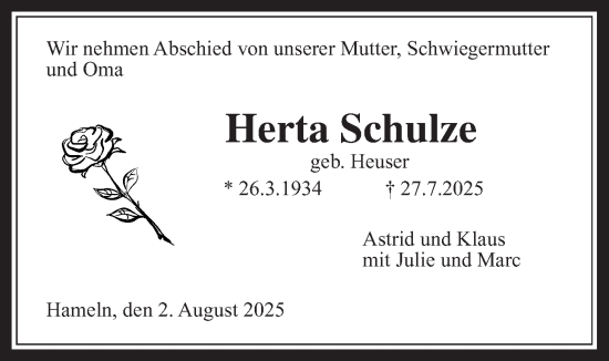 Traueranzeige von Herta Schulze von Giessener Allgemeine, Alsfelder Allgemeine, Giessener Anzeiger, Giessener Allgemeine, Alsfelder Allgemeine, Giessener Anzeiger