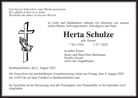 Traueranzeige von Herta Schulze von Giessener Allgemeine, Alsfelder Allgemeine, Giessener Anzeiger, Giessener Allgemeine, Alsfelder Allgemeine, Giessener Anzeiger