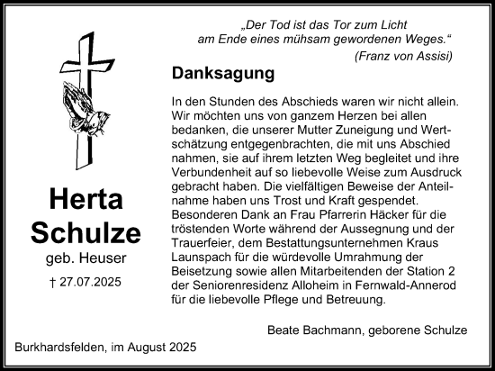 Traueranzeige von Herta Schulze von Giessener Anzeiger, Giessener Allgemeine, Alsfelder Allgemeine