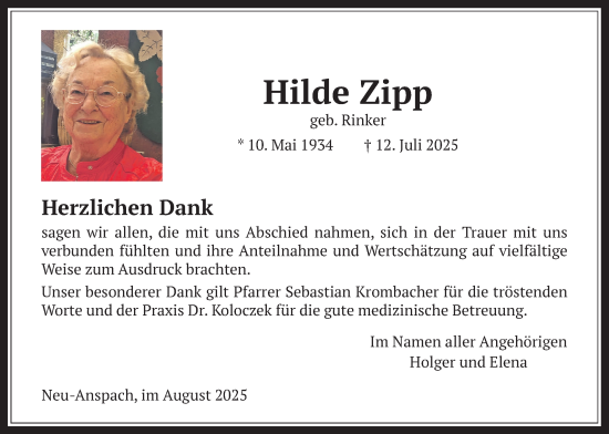 Traueranzeige von Hilde Zipp von Usinger Anzeiger