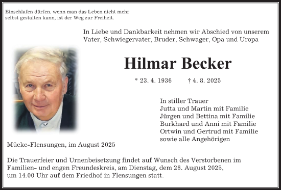 Traueranzeige von Hilmar Becker von Giessener Allgemeine, Alsfelder Allgemeine, Mücker Stimme