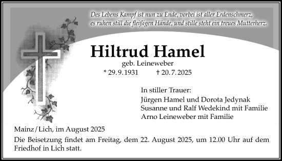 Traueranzeige von Hiltrud Hamel von Licher Wochenblatt