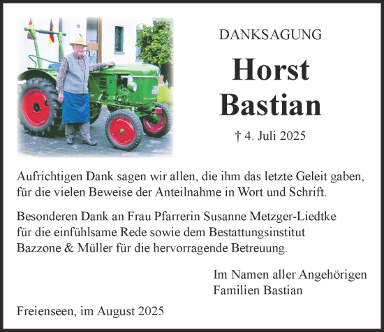 Traueranzeige von Horst Bastian von Giessener Allgemeine, Alsfelder Allgemeine, Giessener Anzeiger