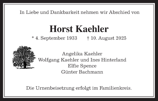 Traueranzeige von Horst Kaehler von Usinger Anzeiger