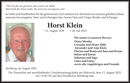 Traueranzeige von Horst Klein von Kreis-Anzeiger