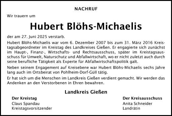 Traueranzeige von Hubert Blohs-Michaelis von Giessener Allgemeine, Alsfelder Allgemeine, Giessener Anzeiger