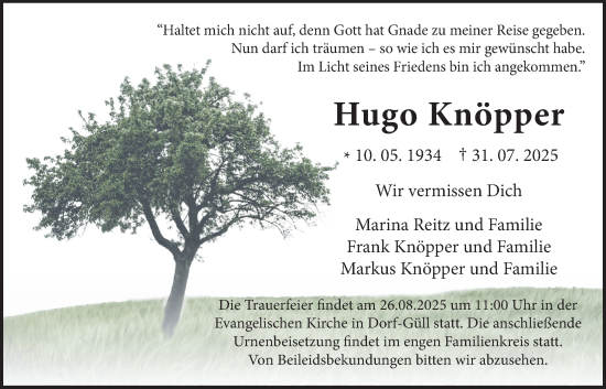 Traueranzeige von Hugo Knöpper von Giessener Allgemeine, Alsfelder Allgemeine