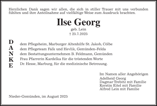 Traueranzeige von Ilse Georg von Alsfelder Allgemeine, Oberhessische Zeitung