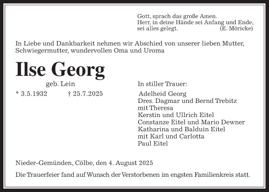 Traueranzeige von Ilse Georg von Alsfelder Allgemeine, Oberhessische Zeitung
