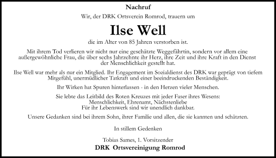 Traueranzeige von Ilse Well von Oberhessische Zeitung