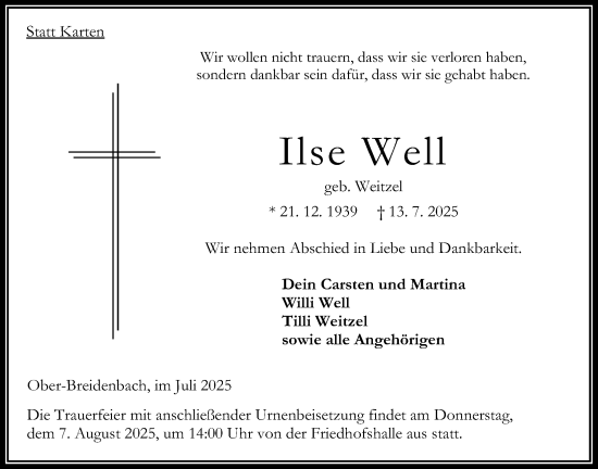 Traueranzeige von Ilse Well von Oberhessische Zeitung