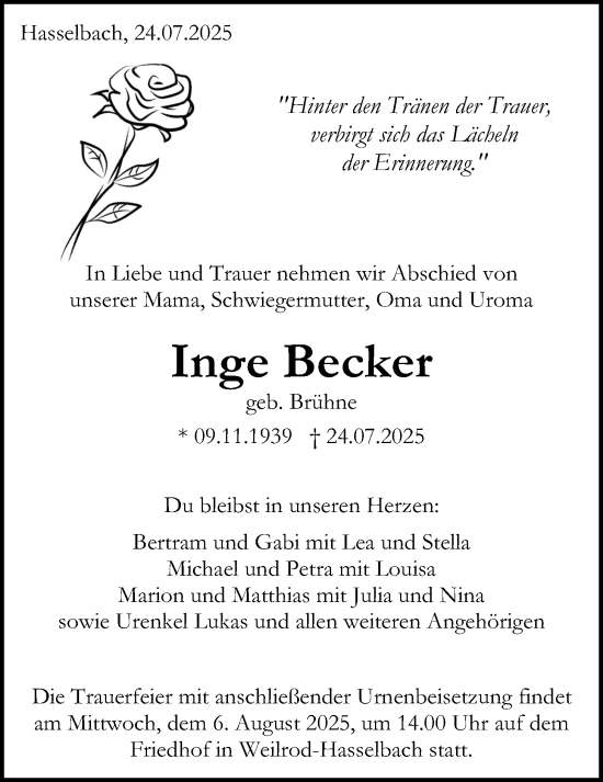 Traueranzeige von Inge Becker von Usinger Anzeiger